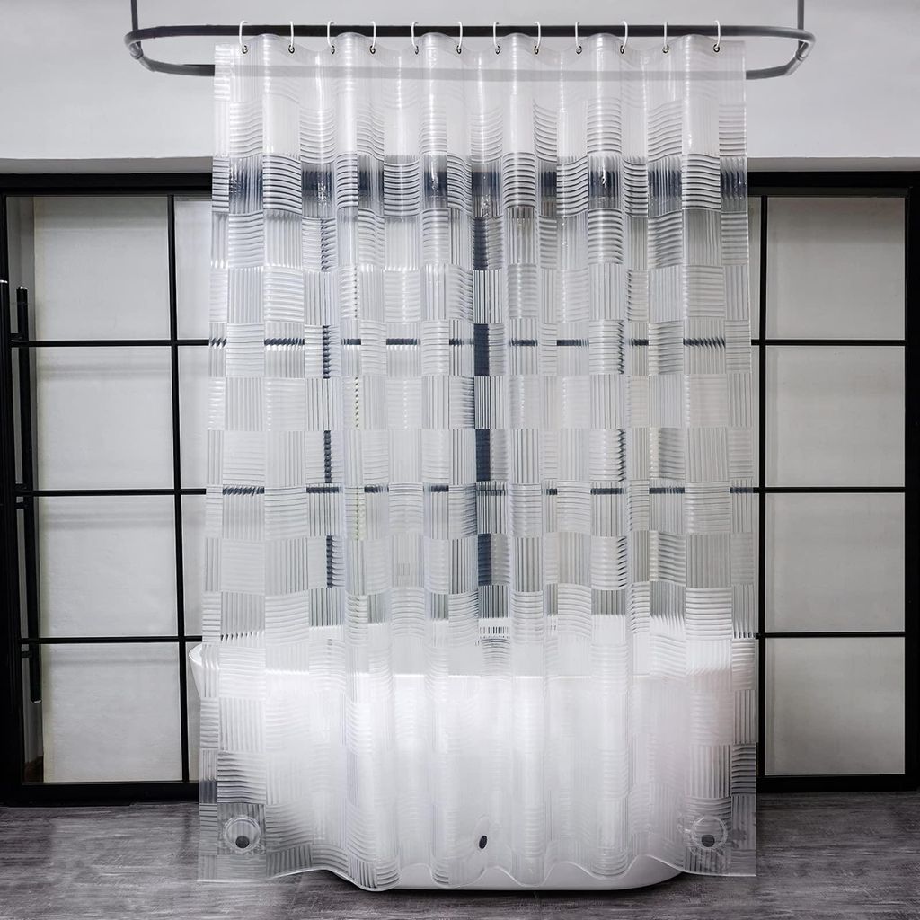 Schmaler Duschvorhang 150 x 180 cm mit 3 starken Magneten am unteren Rand, schimmelresistent, transparentes 3D-Geometriemuster, wasserdichter Dusch...