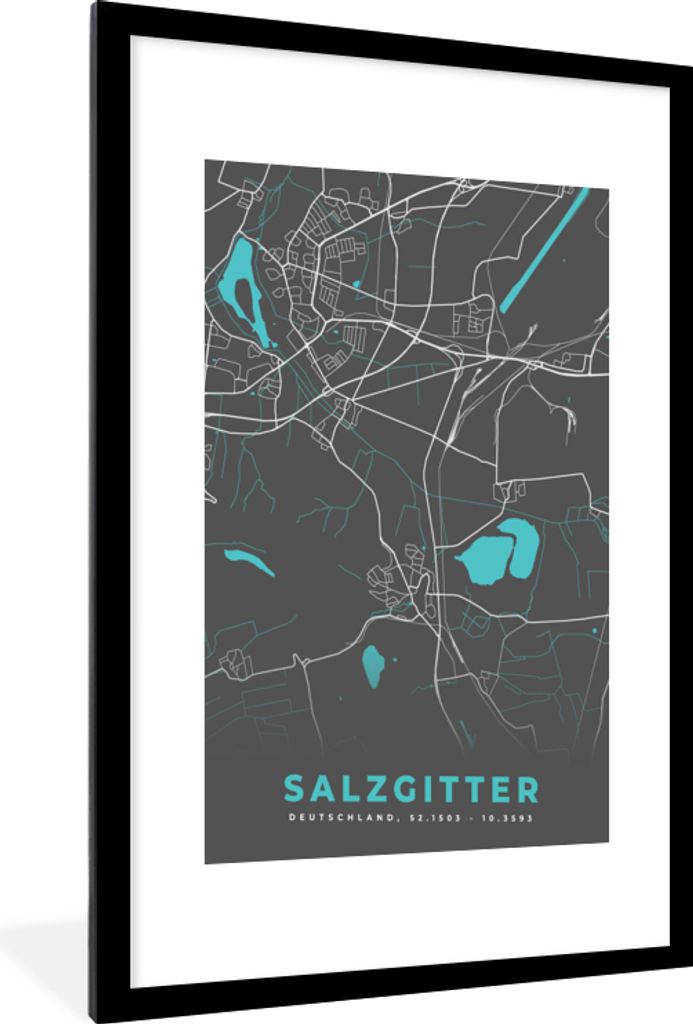MuchoWow Gerahmtes Poster Stadtplan - Karte - Salzgitter - Blau - Deutschland - Karte 60x90 cm - Poster mit Schwarzem Bilderrahmen Wandposter Rah...