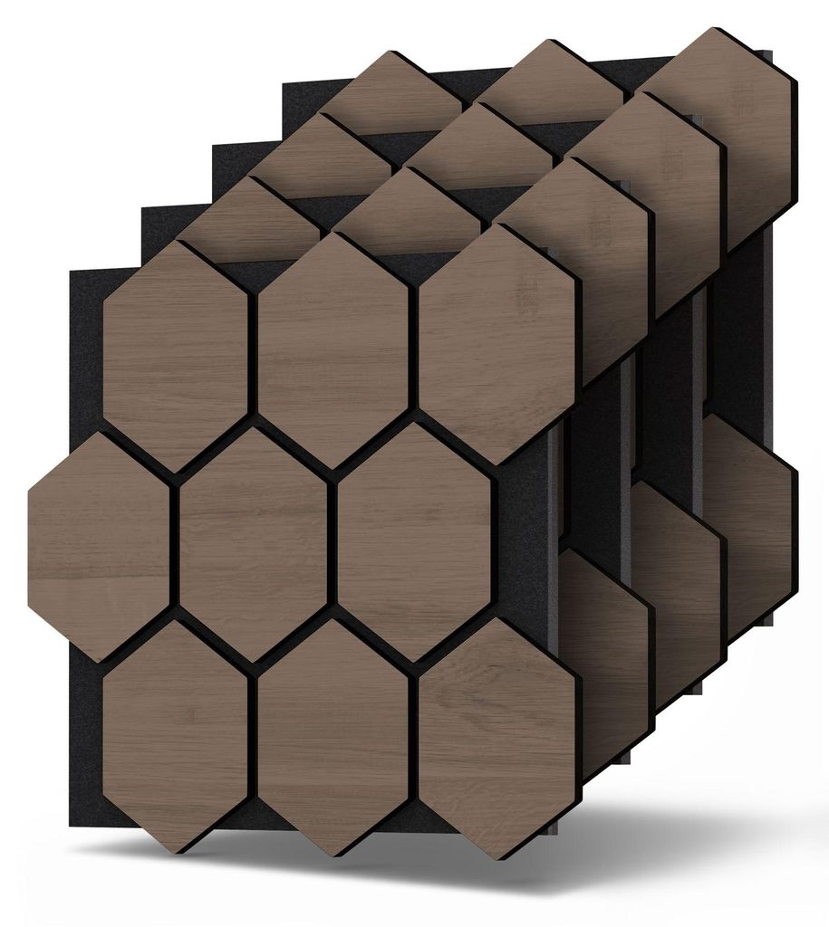 Dalsys 4x Akustikpaneele Holz 76x62cm mit Hexagon-Muster Walnuss - Wandpaneele Holz für Schallschutz in Büro- & Wohnräumen - Akustik Paneele Wan...