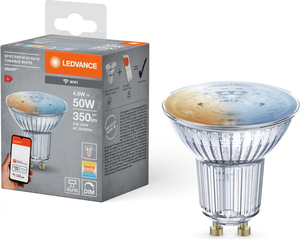 Ledvance LED Smart+ Glas Reflektor PAR16 4,9W = 50W GU10 350lm Tunable White 2700K-6500K 45° Dimmbar App Google Alexa WiFi