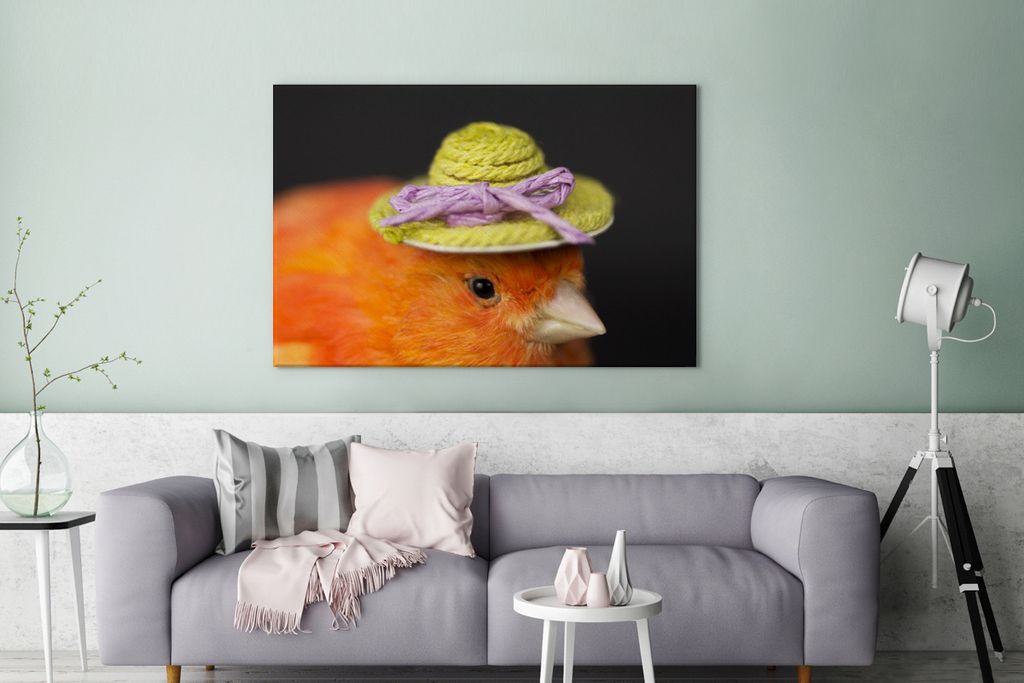 OneMillionCanvasses - Leinwandbilder - 140x90 cm, Kanarienvogel mit Hut auf schwarzem Hintergrund, Wandbilder Kunstdruck Wanddekoration