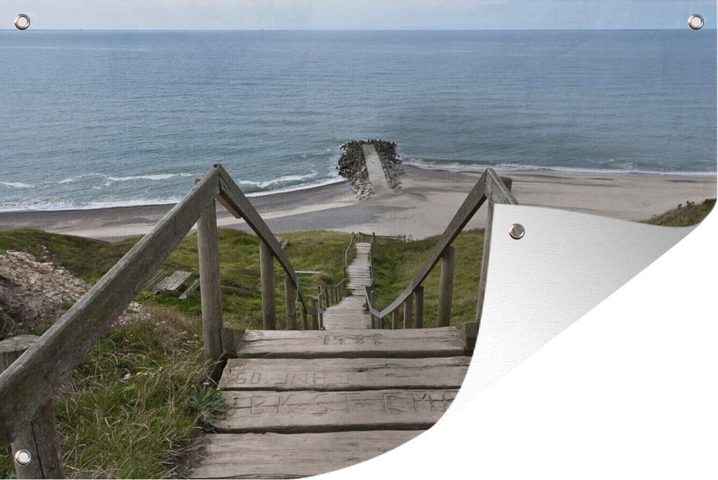 MuchoWow 60x40 cm Outdoor-Poster Gartendeko Sichtschutz Garten Poster für den Garten Holztreppe zum Strand von Bovbjerg in Westjütland, Dänemark