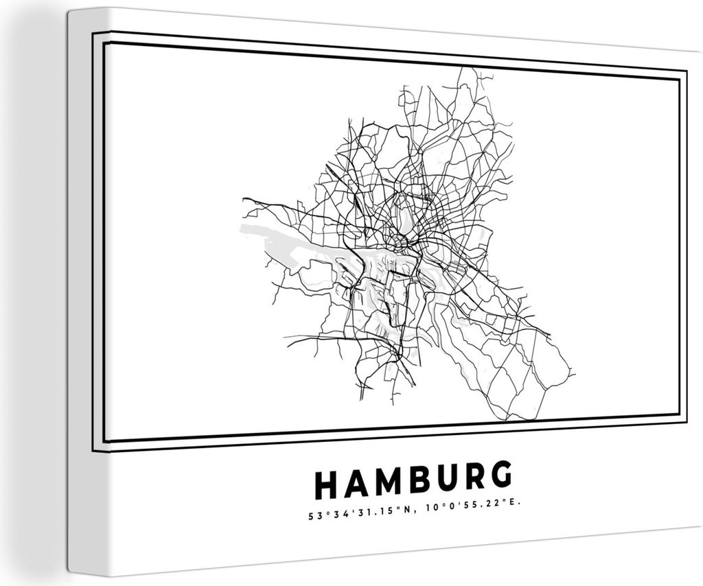OneMillionCanvasses - Leinwandbilder - 150x100 cm, Schwarz und weiß - Deutschland - Karte - Stadtplan - Hamburg, Wandbilder Kunstdruck Wanddekor...