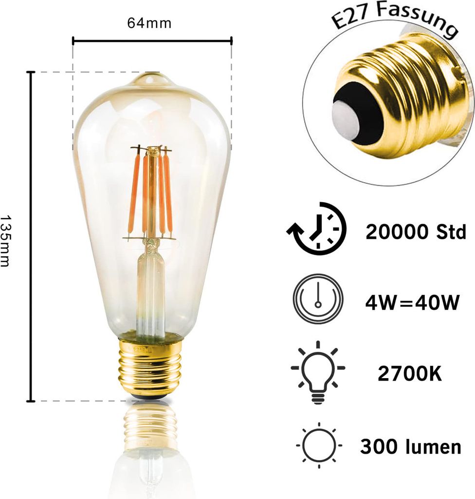 ZMH 6x LED Edison Glühbirne E27 Vintage Glühlampe Warmweiß Produktbild 7