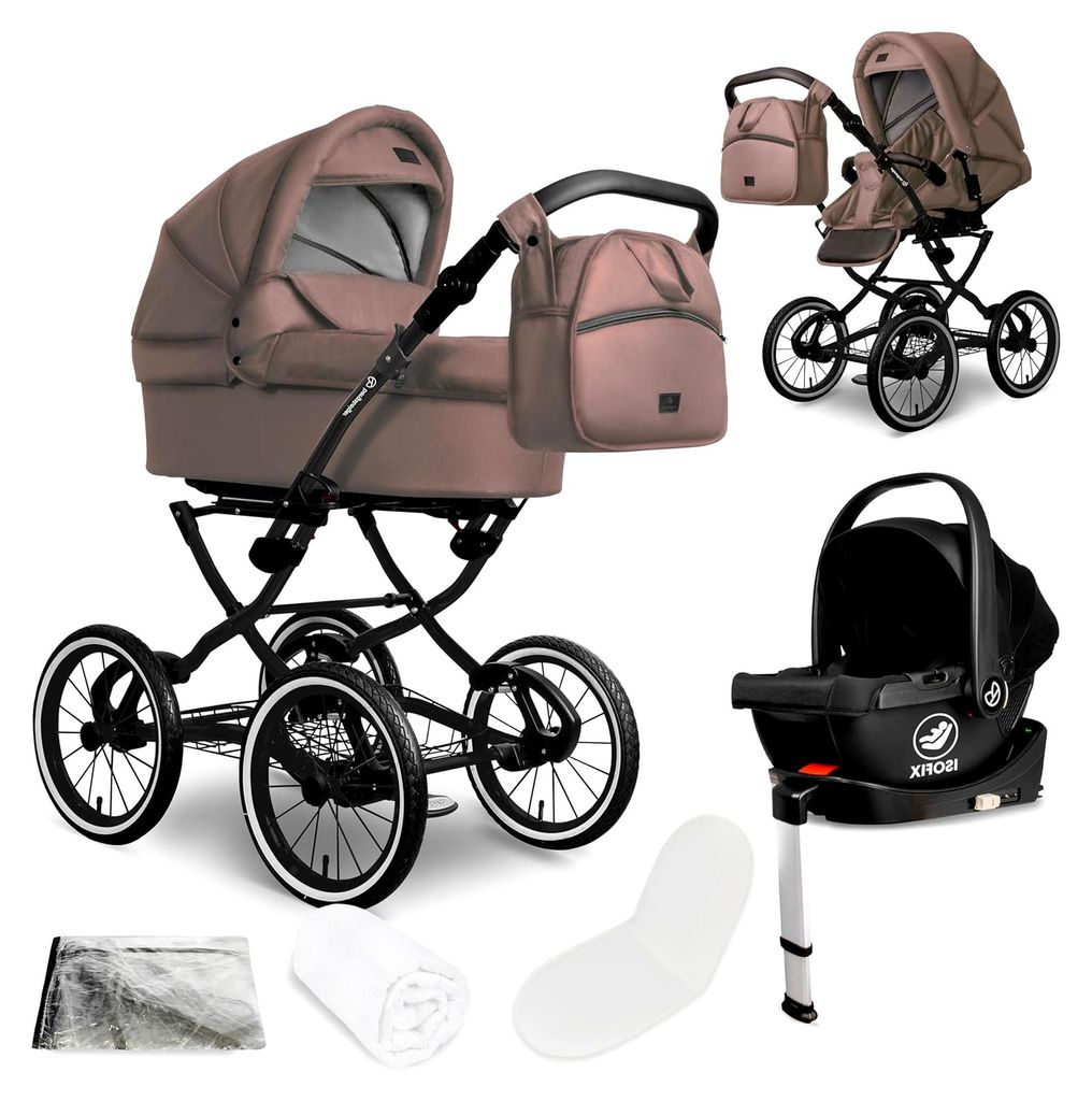 Kombikinderwagen 4-in-1 – Babywanne, Sportsitz, i-Size Babyschale & Isofix-Station, Luftreifen, höhenverstellbar, faltbar, Zubehör