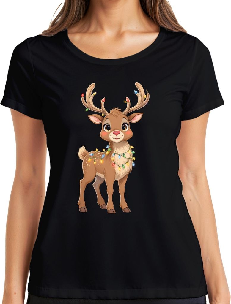 Weihnachtsrentier Lichterkette niedlich Cartoon Kinder Geschenk Damen T-Shirt, Schwarz, L