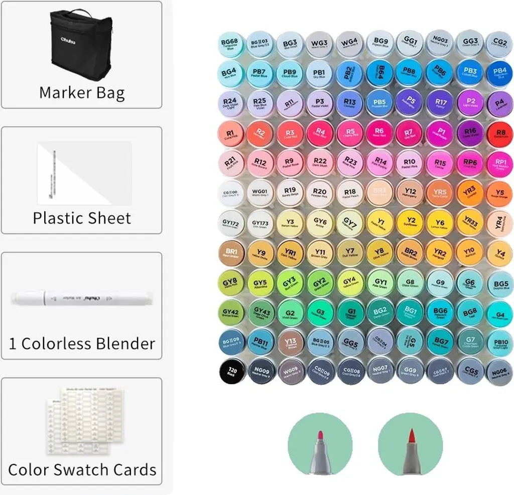 Marqueur d'art double pointe à encre rechargeable - Set 120 couleurs