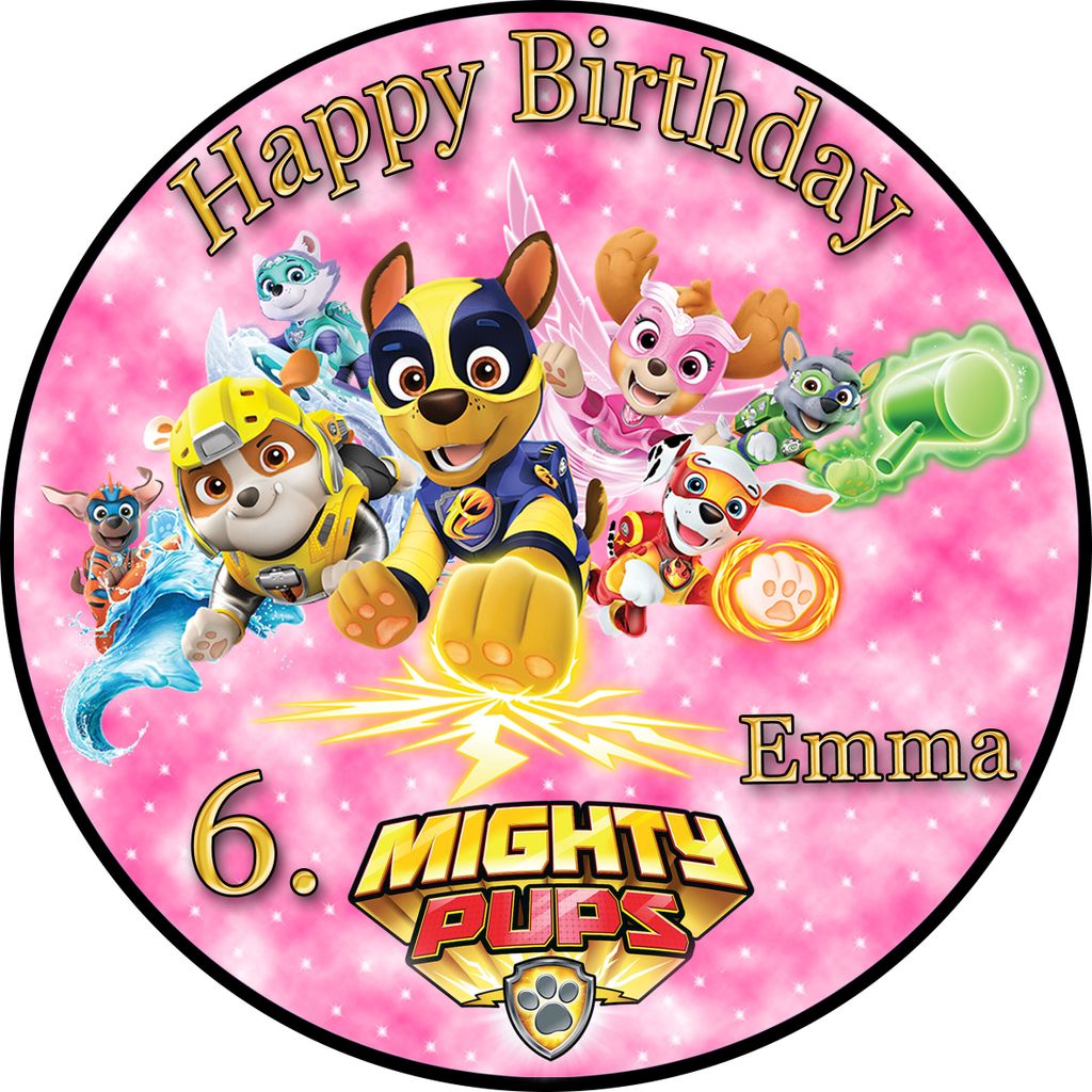 Tortenaufleger Fototorte Tortenbild Kindergeburtstag Paw Patrol Mighty Pups PP04 (Zuckerpapier) Rund 14 cm Ø ohne Foto Pink