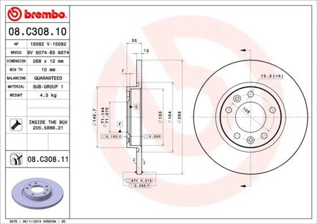 Disque de frein Brembo 08.C308.11 pour Peugeot 3008 et Citroën Berlingo