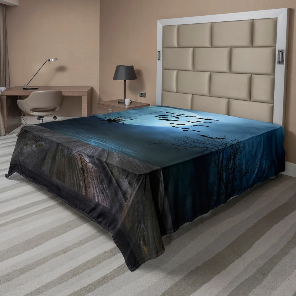Drap plat décoratif Halloween avec motif de lac brumeux et araignée