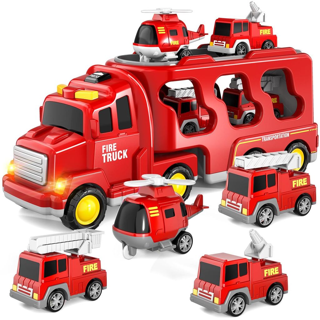 5-in-1 Feuerwehr LKW Spielzeug für Kinder, Reibungsbetriebener Transporter mit 4 Mini-Feuerwehrfahrzeugen, Licht & Sound, Spielzeug ab 1-3 Jahren