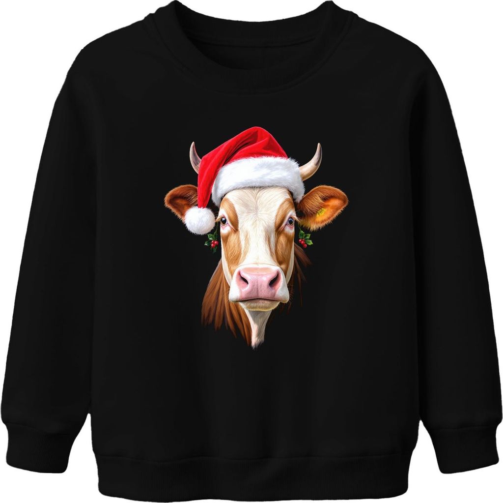 Weihnachtskuh Nikolausmütze Bauernhof Geschenk niedlich lustig Uni Kinder Sweatshirt Pullover, Schwarz, 152