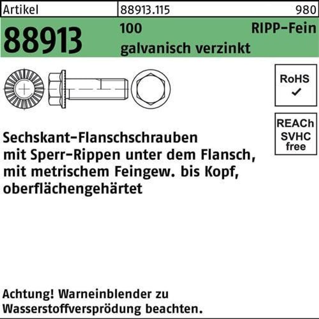Reyher 6kt.-Flanschschrauben get. m. Sperr-R. M14x1,5x50 Zn (100 Stück)