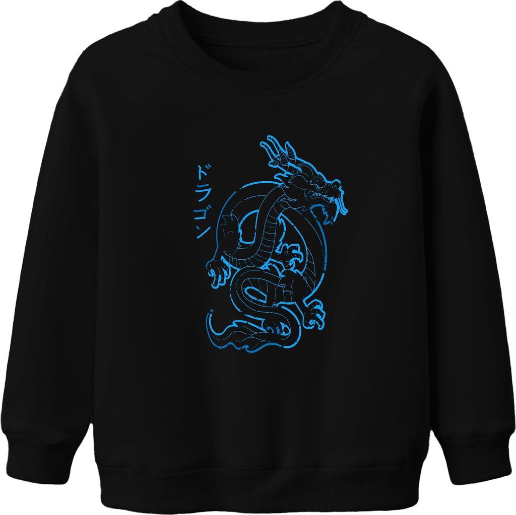 Japanischer Drache Neon Blau Katakana ドラゴン Cyberpunk Yakuza Retro Uni Kinder Sweatshirt Pullover, Schwarz, 116