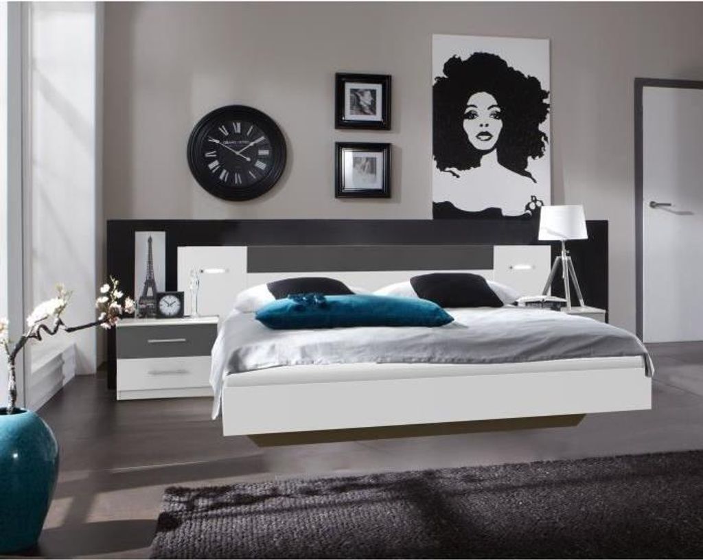 Bettgestell WIMEX RHODES mit Nachttischen und Leselampen, 160 x 200 cm, Weiß und Graphit