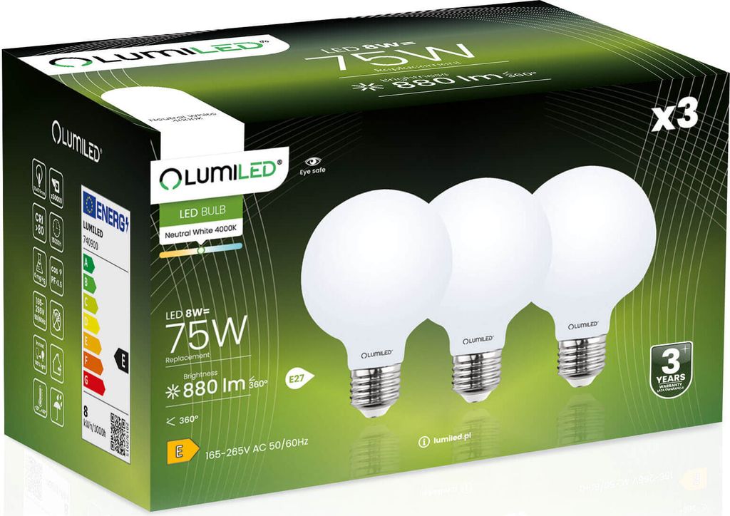 LUMILED 3x E27 LED žiarovky G95 Globe matná 8W Nahradí 75W Obrázok produktu 