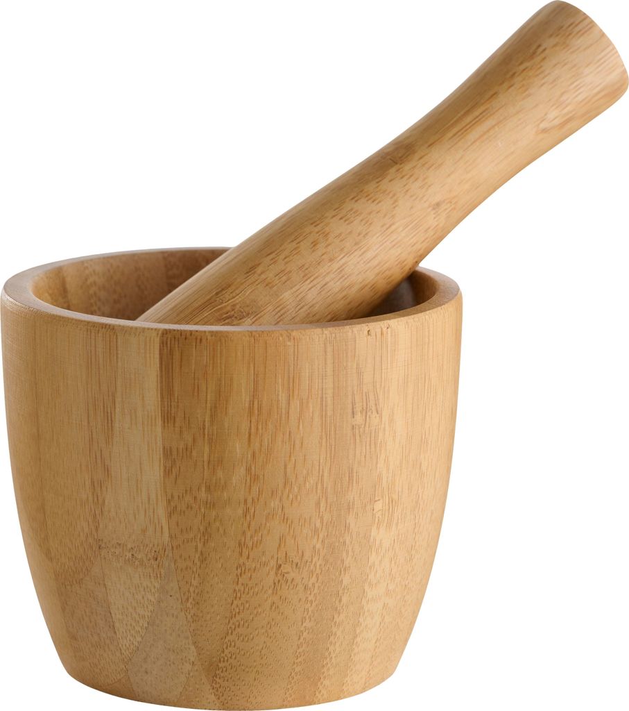 Küchenmörser mit Stößel aus naturbelassenem Bambus, 8 cm Durchmesser, 9 cm Höhe