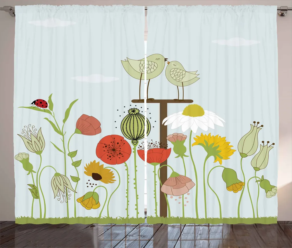 ABAKUHAUS Arte da giardino Tenda rustica, disegno botanico uccelli, tenda per camera da letto con passanti e ganci, 280 x 245 cm, multicolore