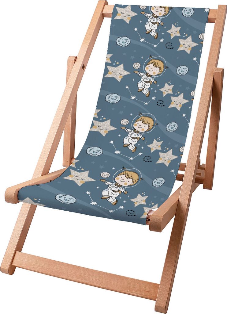 Dreamroots Kinder Liegestuhl klappbar Holz, bis zu 130 kg, Sonnenliege klappbar mit 3-stufiger Neigungsregulierung der Rückenlehne, Boy in Space