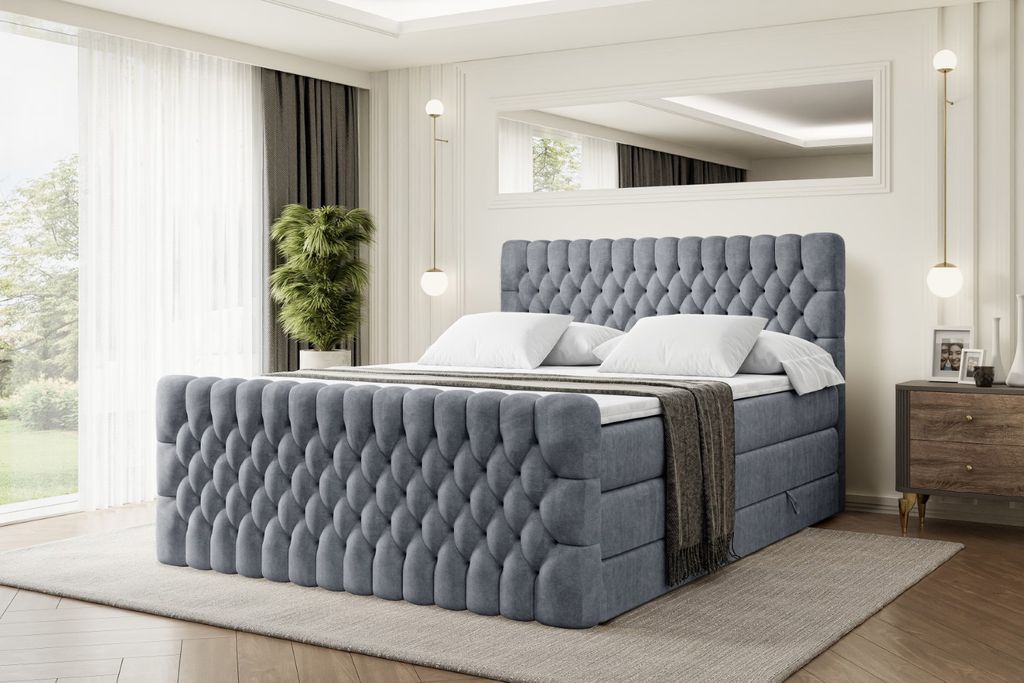 ALTDECOR Boxspringbett mit Fußteil, 2 Matratzen und Topper - 160x200 cm - SERENE-Z KING - Grau Samt - Polsterbett mit, H3- und H4- Matratzen, Bett...
