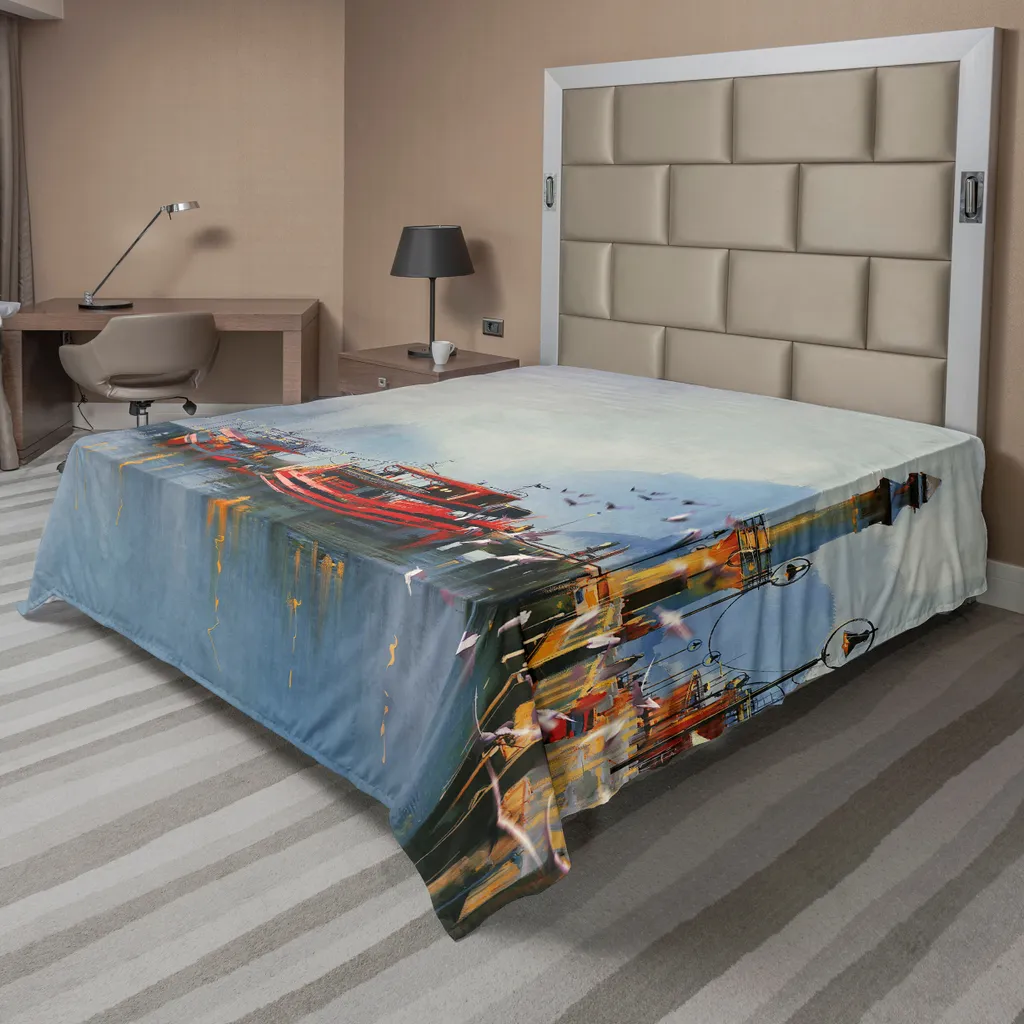 Drap plat décoratif imprimé vintage port et bateaux 260 x 228 cm