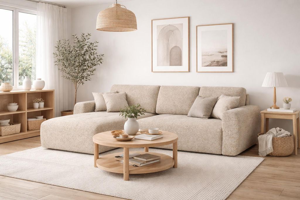 Kaiser Möbel Ecksofa mit Schlaffunktion und Bettkasten L-Form Ivo L, Chenille-Stoff Artico, Beige, Links