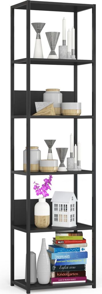 A tall, black metal shelving unit filled with decorative items and books.