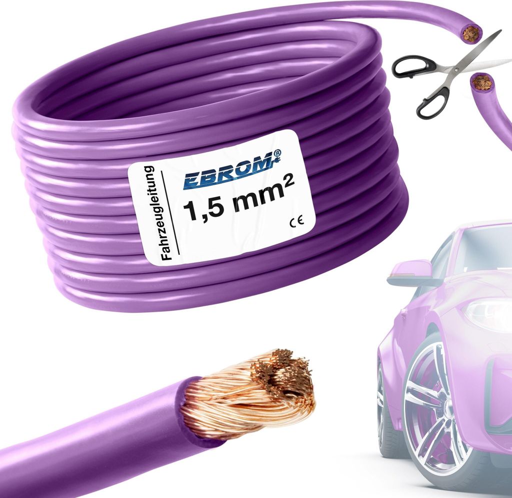 10 Meter EBROM FLRY 1,5mm2 Fahrzeugleitung - KFZ Leitung - Farbe: violett - Querschnitt 1,5 mm² (mm2) flexibel 90 ± 5 Shore 99,99% Kupfer Mantel ...