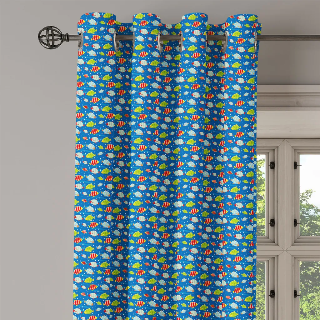ABAKUHAUS Tenda con occhielli per asilo nido, Pesci colorati vibranti su sfondo blu marino - Arte digitale sulla vita marina, Tende decorative a 2 pannelli per finestre, 280 cm x 175 cm, Blu marino Multicolore - 2