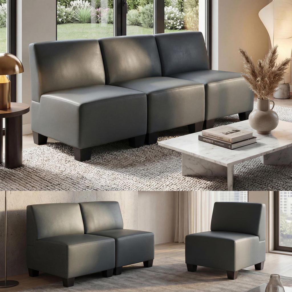 Modular 3-Sitzer Sofa Couch Lyon, Kunstleder dunkelgrau, ohne Armlehnen