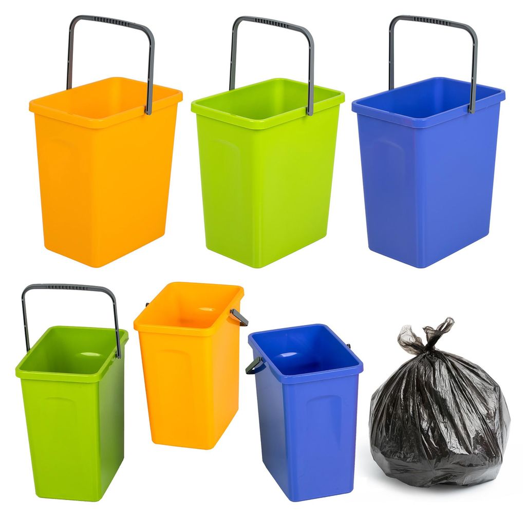 A collection of colorful plastic bins and a trash bag, arranged on a white background.