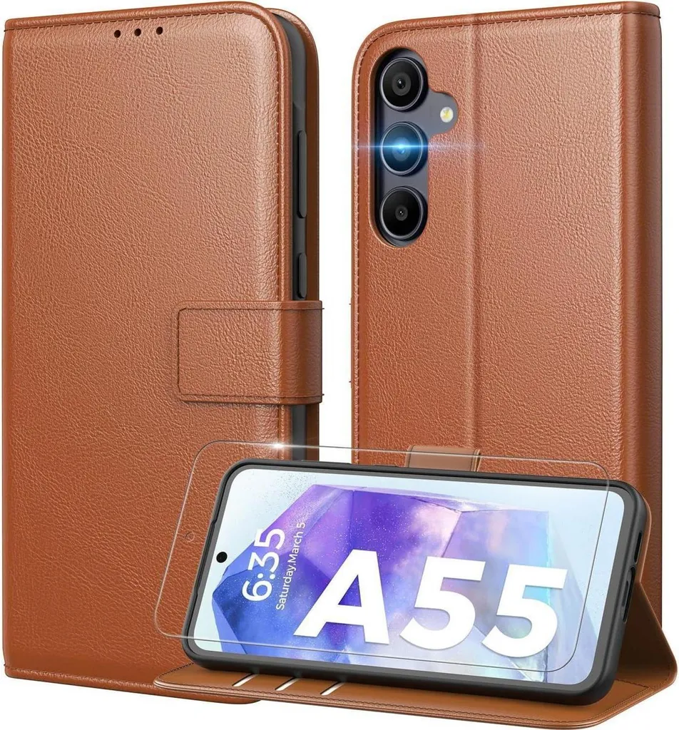 Custodia per cellulare Peakally Samsung Galaxy A55 con protezione in vetro blindato e supporto per carte di credito
