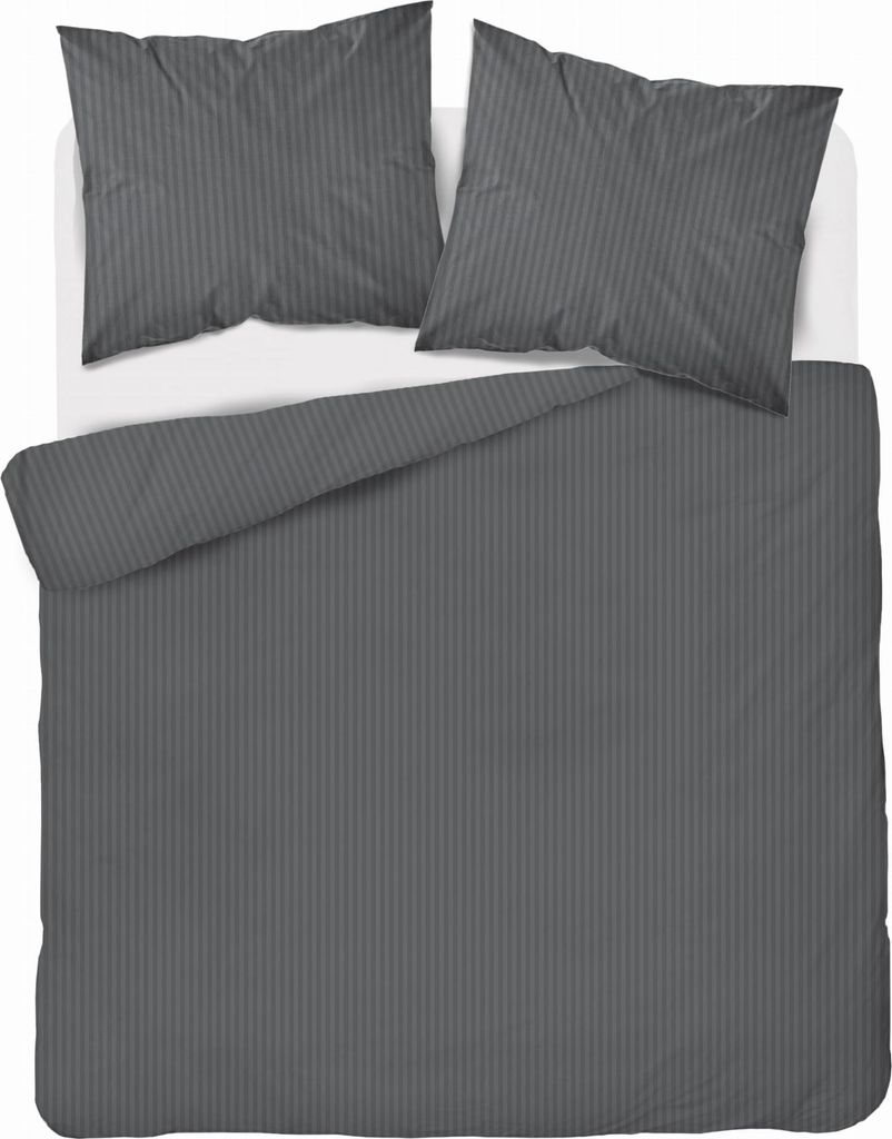 A top-down view of a grey striped duvet cover and two pillowcases on a white surface.