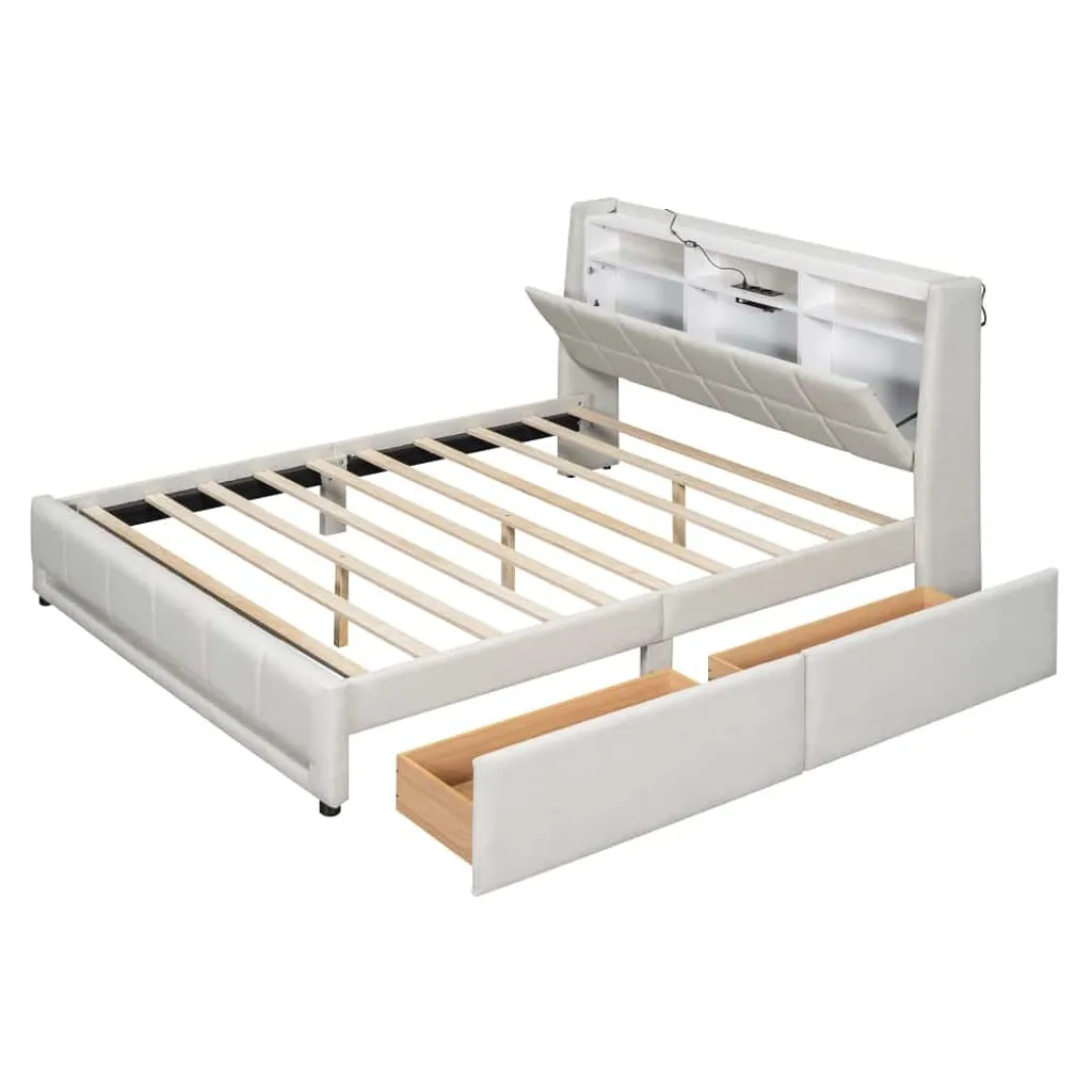 Lit avec rangement 160x200cm beige pour optimiser l'espace et le confort - 5