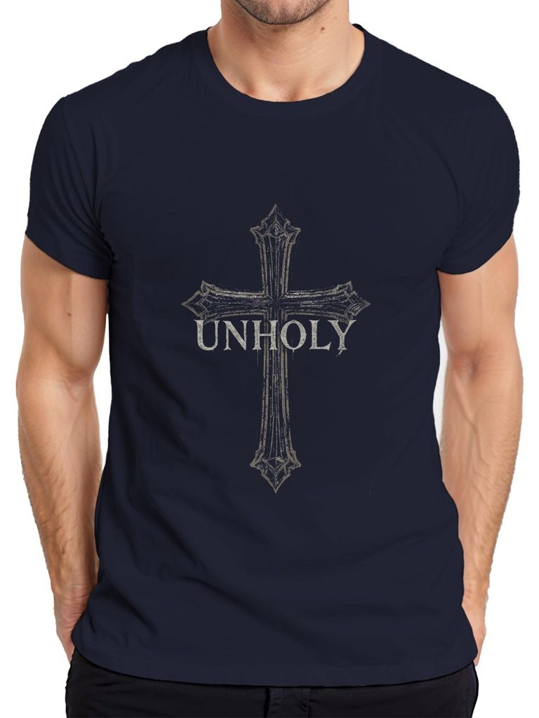 UNHOLY Black Metal Gothic Kreuz düster Satanic Grunge Herren T-Shirt, Navy, M