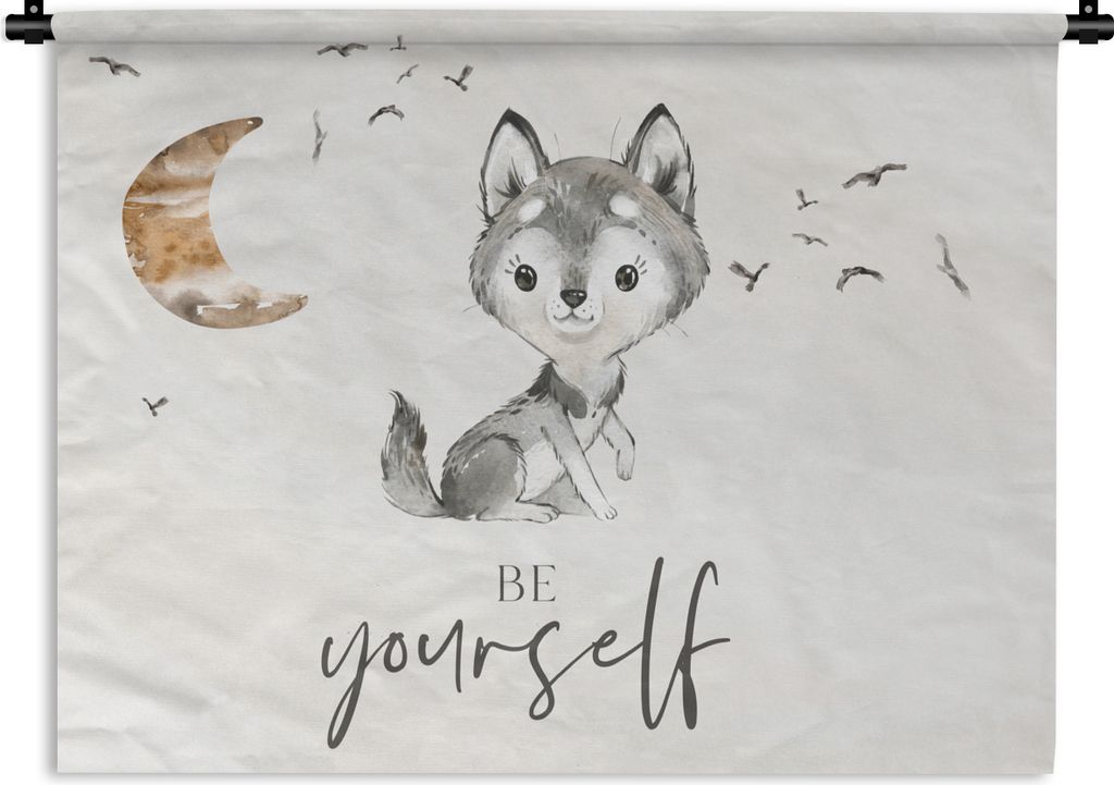 MuchoWow Wandteppich Wandbehang Sprichwörter - Wolf - Sei du selbst - Kinder - Jungen - Mädchen - Aquarell 90x67.5 cm Tapisserie Dekoration Wan...