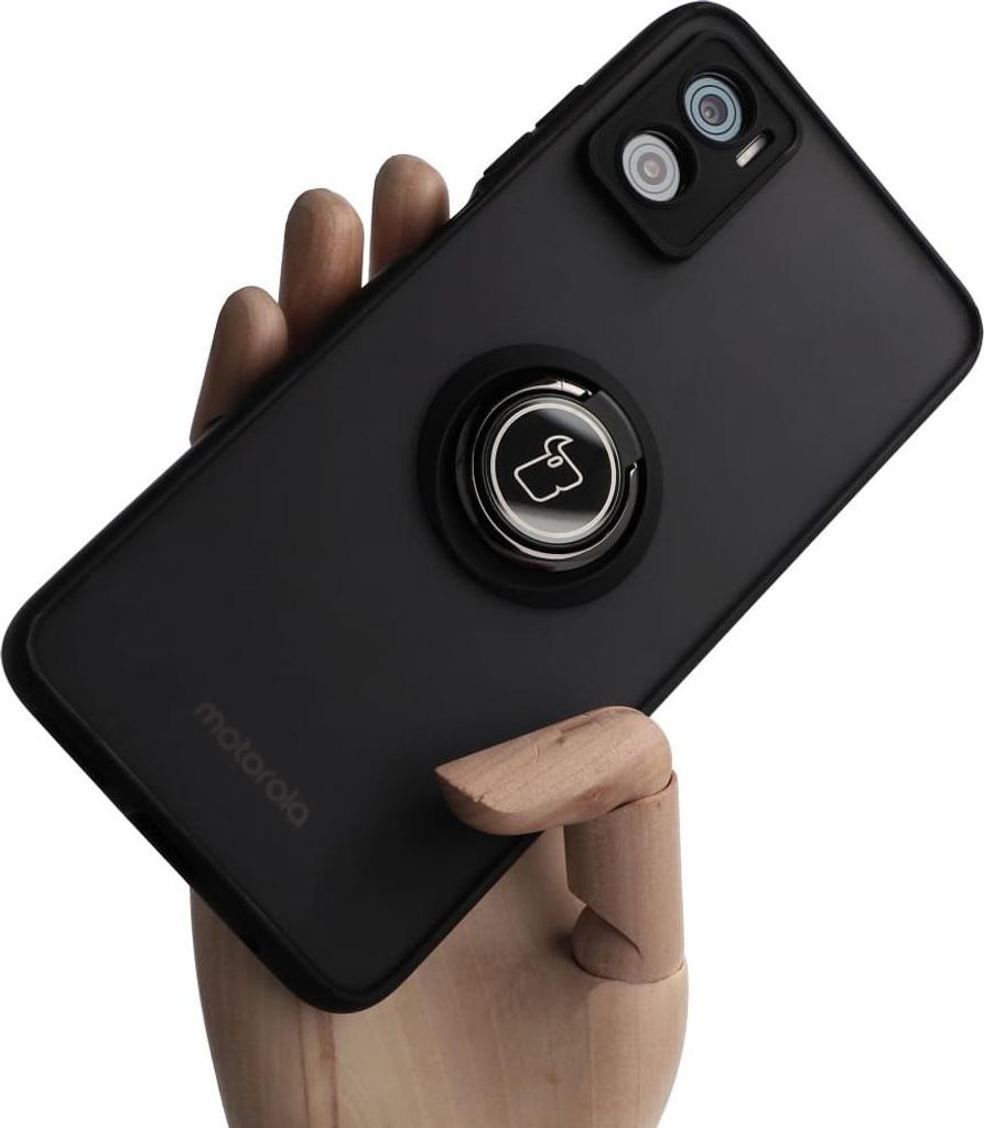 Bizon Case Hybrid Ring Fingerringhülle für Motorola Moto E22 / E22i, Rauch mit schwarzem Rahmen