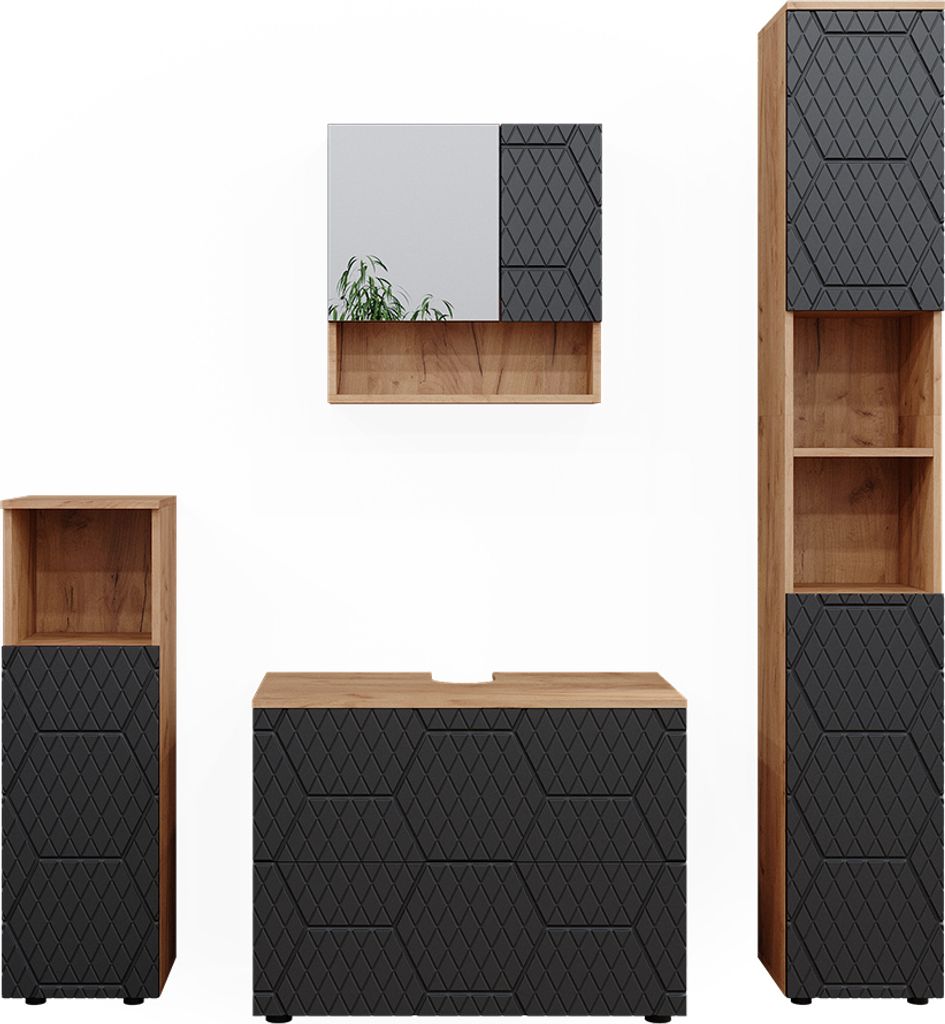 Badmöbel-Set Vicco Irma Anthrazit mit Wabenstruktur 4 Teile, mit Schubladenschrank und Hochschrank, Model 47181