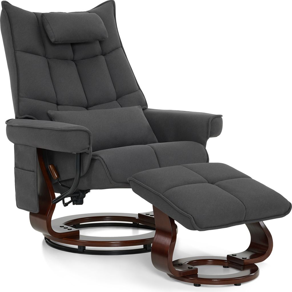 A dark gray recliner chair with a matching ottoman, presented on a white background.