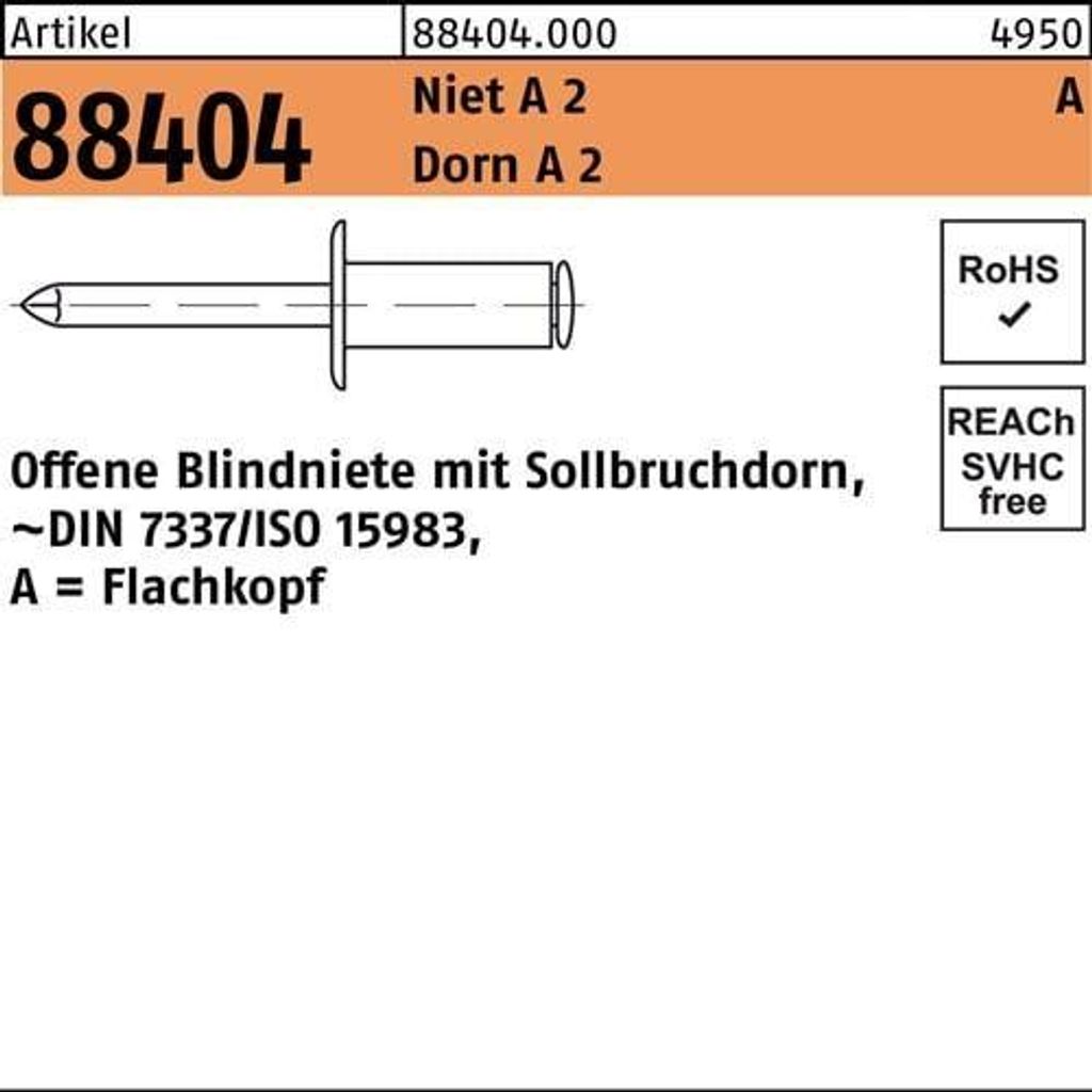 Reyher Offene Blindniete A2/A2 FLAKO A4x14 (500 Stück)