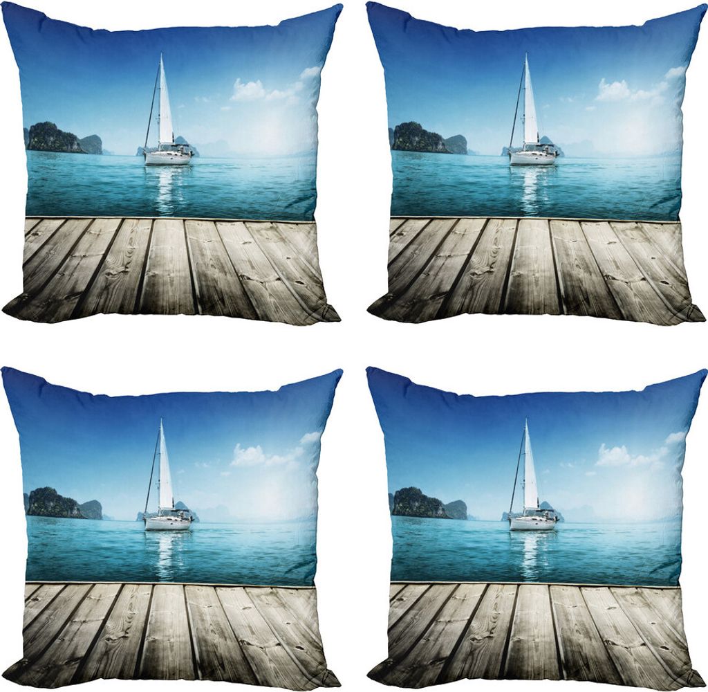 ABAKUHAUS Nautisch Kissenbezug Set (4 Stück), Yacht und Holzdeck, Moderner Doppelseitiger Digitaldruck, 50 cm x 50 cm, blau, Braun,