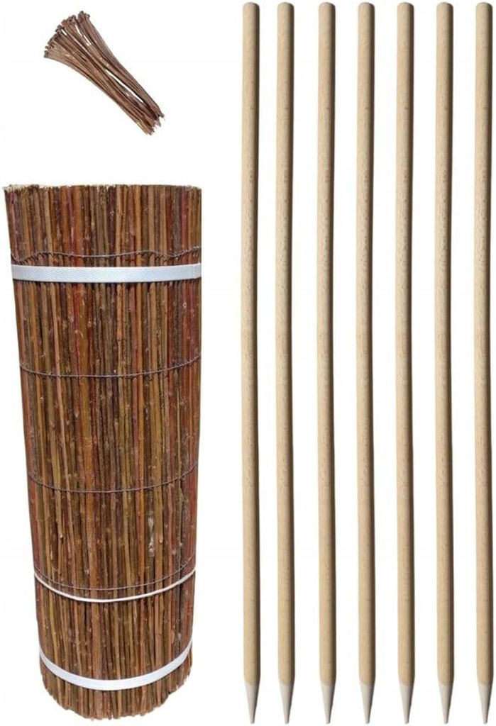 Set Weidenmatte 60x300 cm und 7 Stück Holzpfähle 18 mm Länge 78 cm und 30 Stück Kabelbinder Weidezaun Zaunpfosten Holzpfosten Sichtschutz Ga...