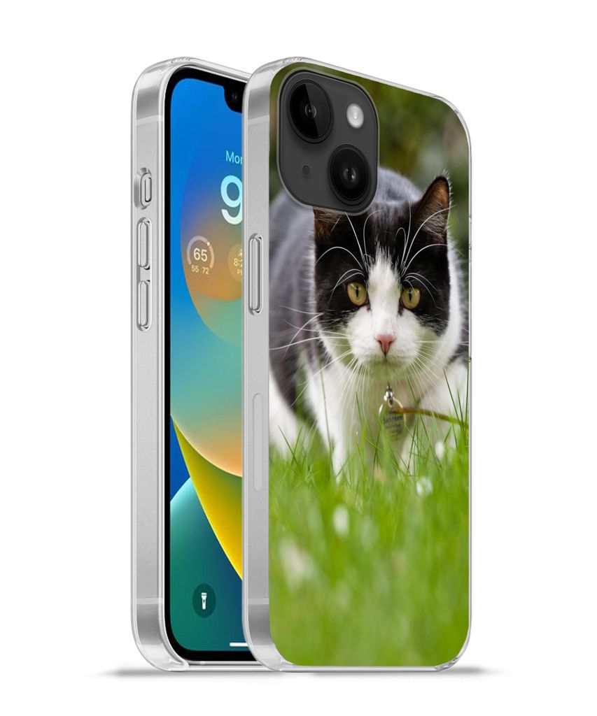 MuchoWow Handyhülle Schutzhülle Hülle für Apple iPhone 14 - Softcase Katze - Gras - Schwarz - Weiß - Mädchen - Kinder - Jungen - Kinder Sil...