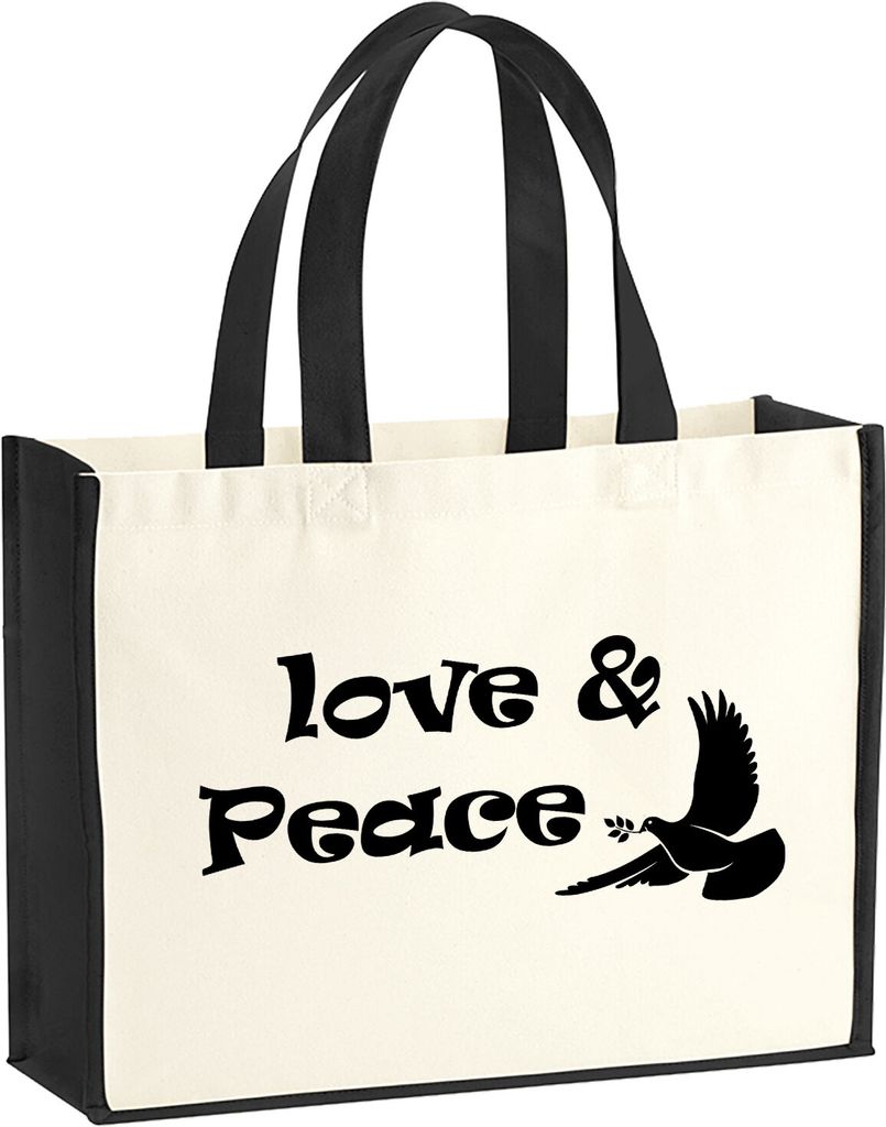 Huuraa Jutetasche Love & Peace 21 Liter Black Jute und Baumwolle Einkaufstasche Geschenkidee