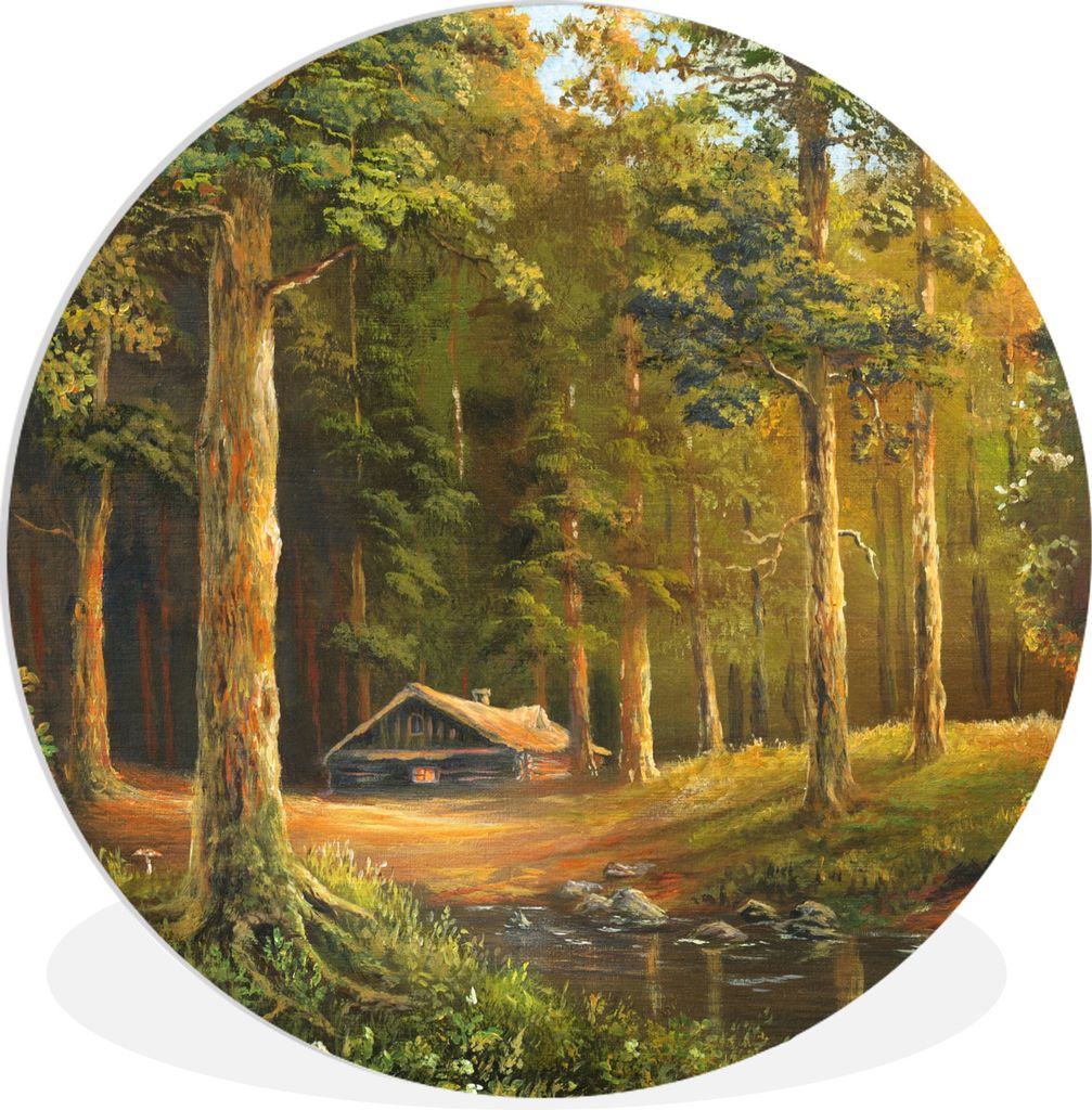 MuchoWow Rundes Wandbild - Runde Bilder Eine Illustration einer Hütte in einem Wald Ø 30 cm Kreis Wanddekoration Kunststoff - Wandkreis - Wands...