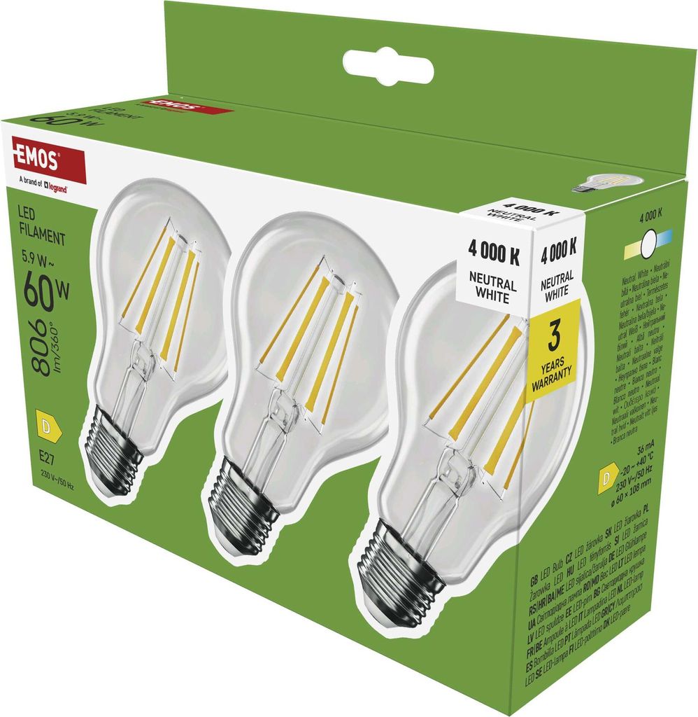 EMOS LED Lampe Edison A60 3er Pack, 5,9W Ersatz für 60W Glühbirne, klare Vintage-Glühlampe, E27 Sockel, Helligkeit 806lm, Neutralweiß 4000K, ZF...