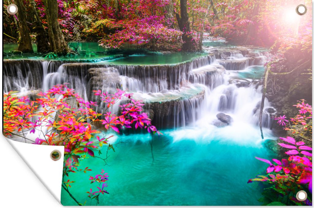 MuchoWow 60x40 cm Outdoor-Poster Gartendeko Sichtschutz Garten Poster für den Garten Wasserfall - Sonne - Bäume - Regenbogen - Natur