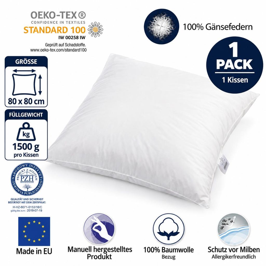 Federkissen 80x80 cm 1500 Gramm – Kopfkissen mit 100% Produktbild 