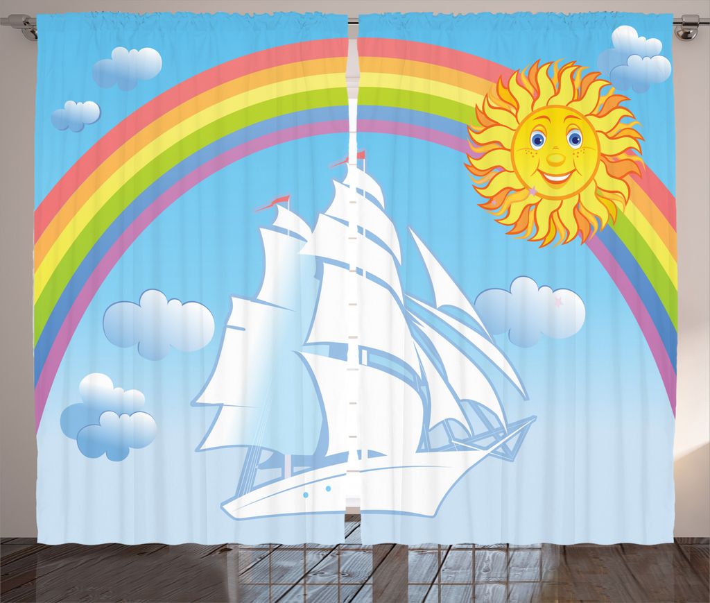 ABAKUHAUS Kids Rustikaler Vorhang, Motivationsschiff Regenbogen, Wohnzimmer Universalband Gardinen mit Schlaufen und Haken, 280 x 225 cm, Multi