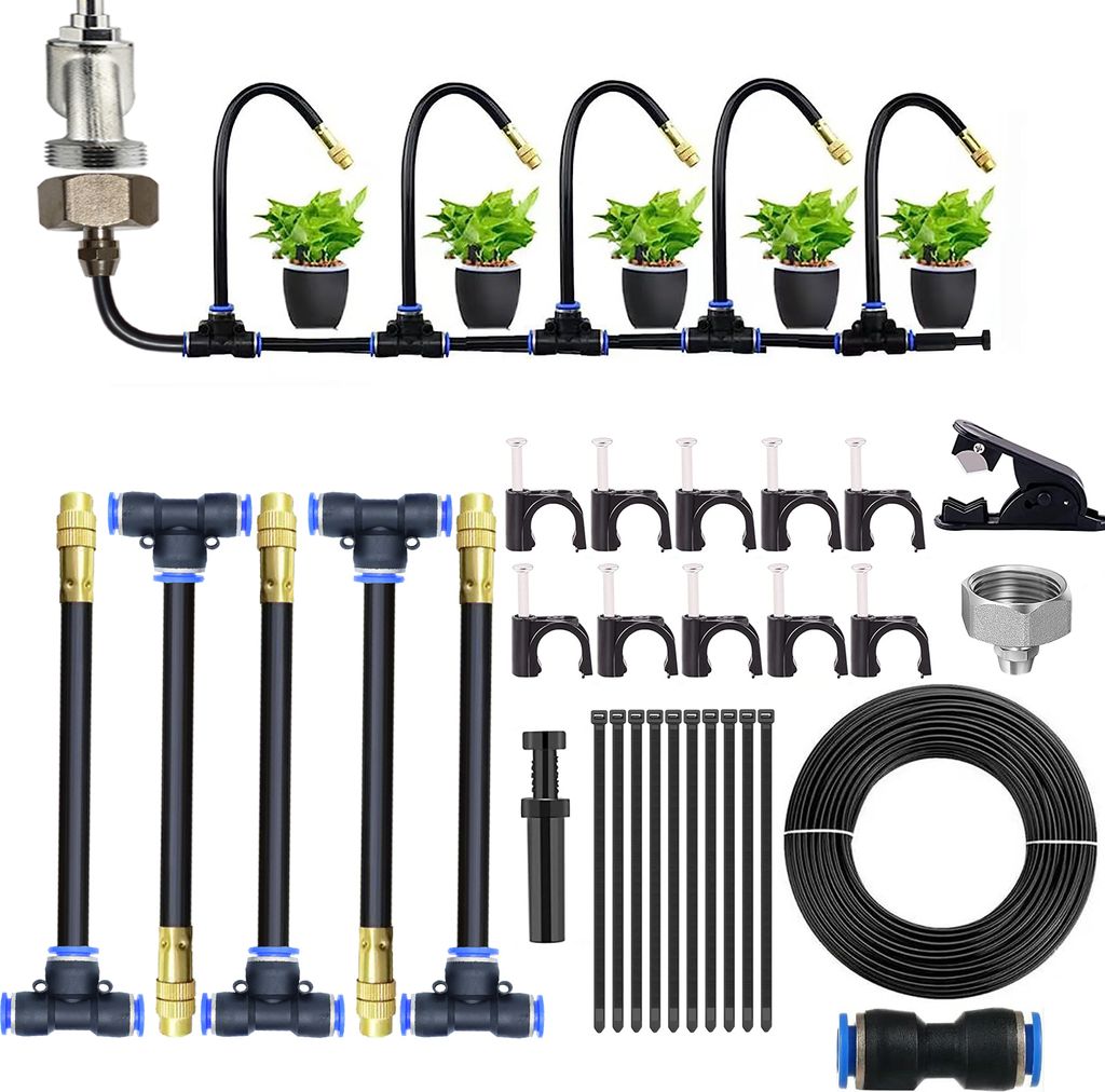 BewässerungsSystem Frei Biegbare Kupfernebeldüse,Tropfbewässerung,Gartenbewässerung mit 5 Nebeldüsen und 5M Schlauch,Gerader Push-Lock-Ans...